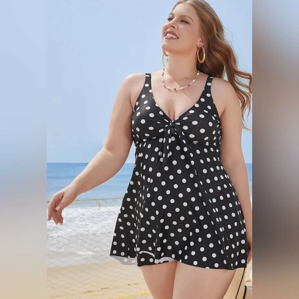 BloomChic Polka Dot Twist Front Adjustable Straps Swim Dress - Picture 4 of 8